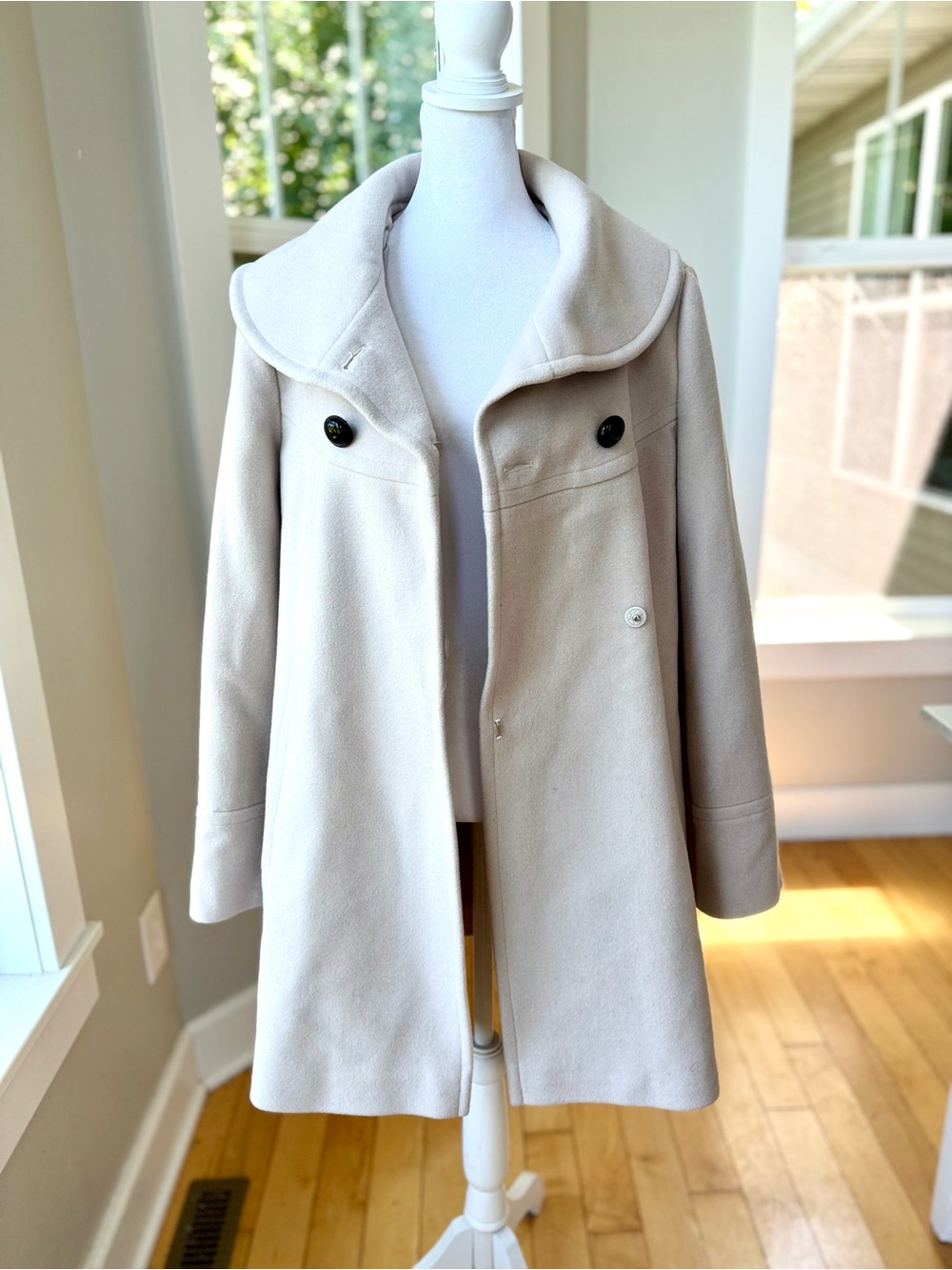 Vintage Larry Levine Ivory Cream Double Breasted Portrait Collar Wool Dress Coat